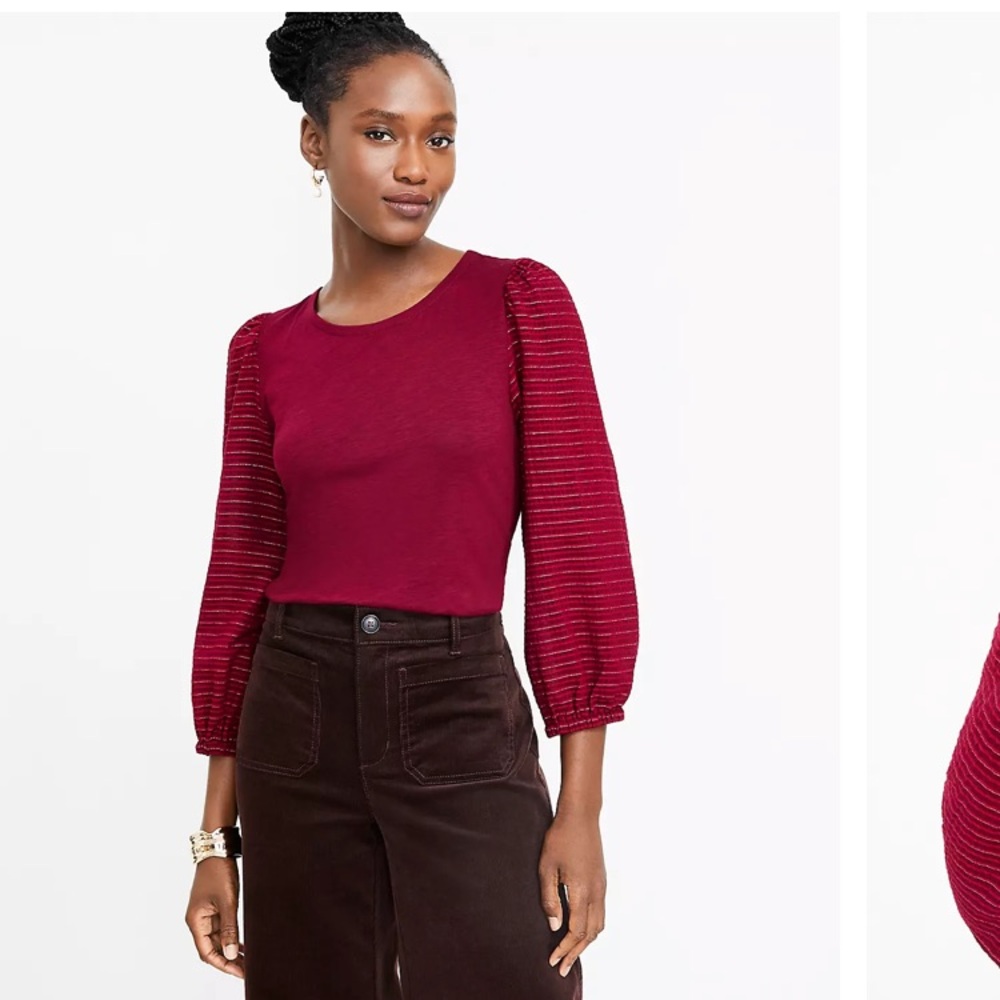 LOFT Women’s Shimmer Tie Back Mixed Media Top Blouson Plum Small